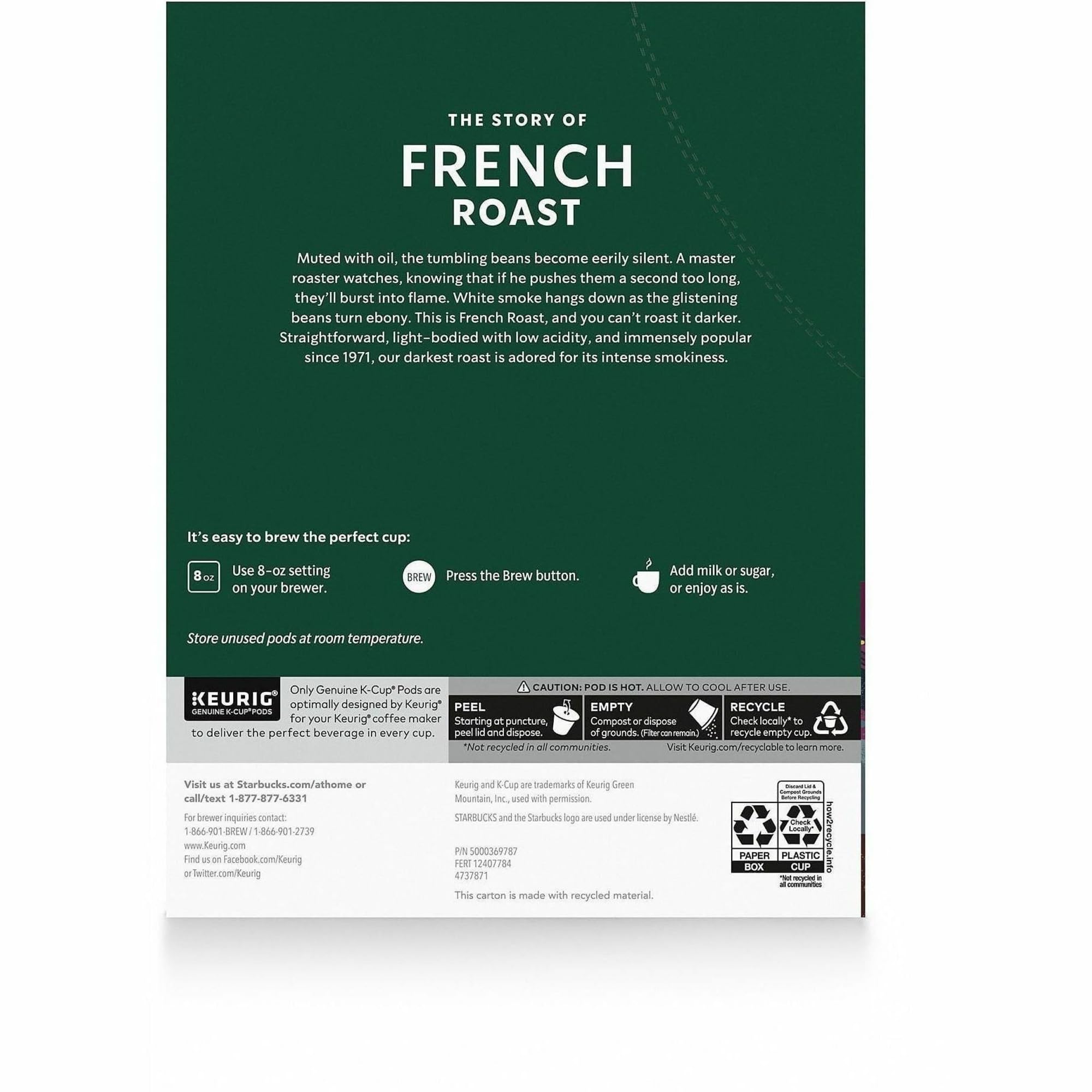 Starbucks French Roast K-Cup pod close-up highlights premium Arabica flavor.