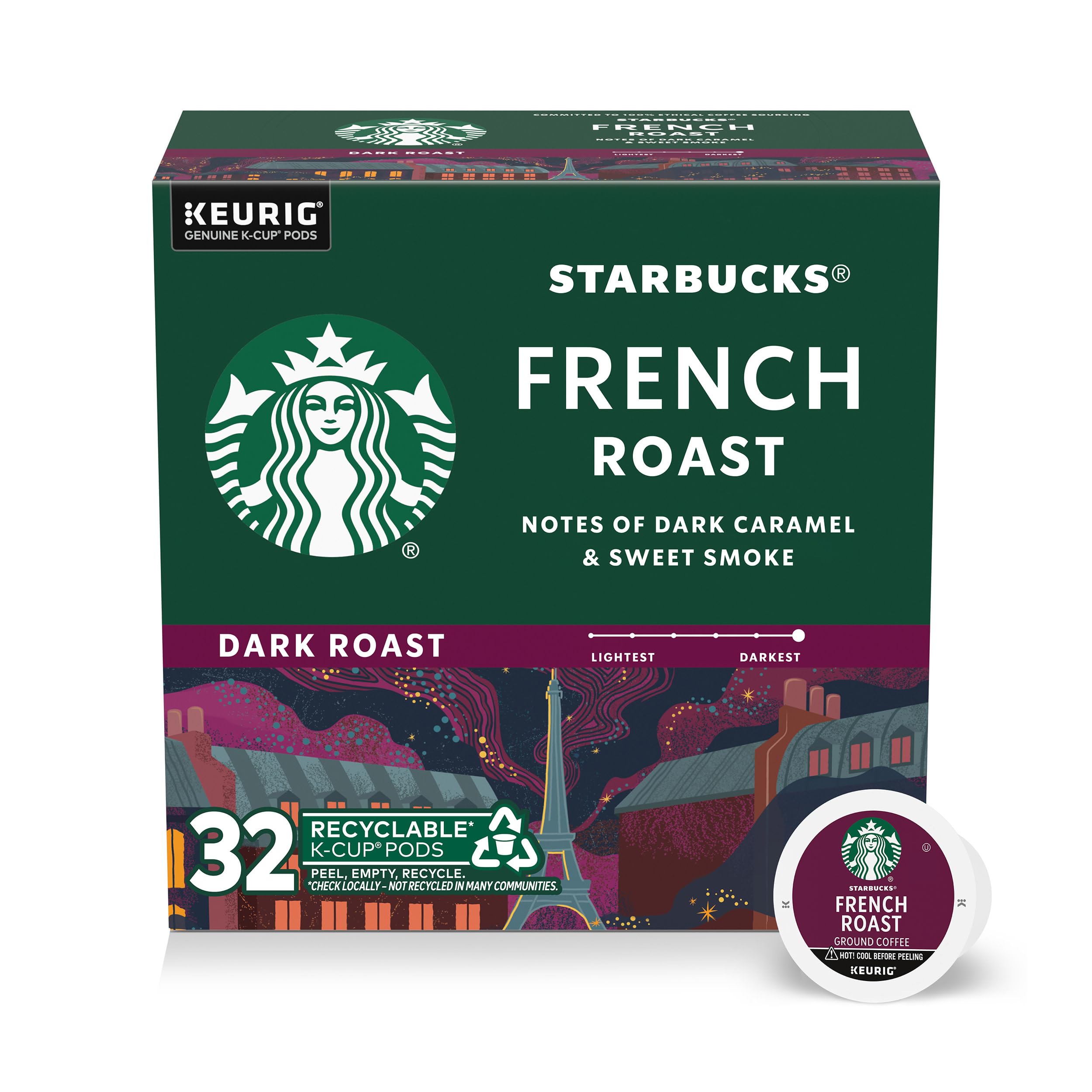 Starbucks French Roast K-Cup pod closeup highlighting bold aroma and smoky depth