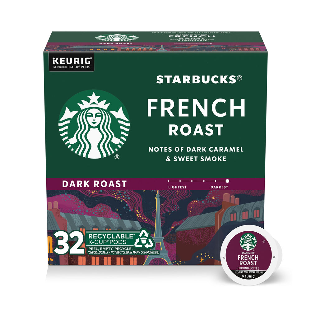 Starbucks French Roast K-Cup pod closeup highlighting bold aroma and smoky depth