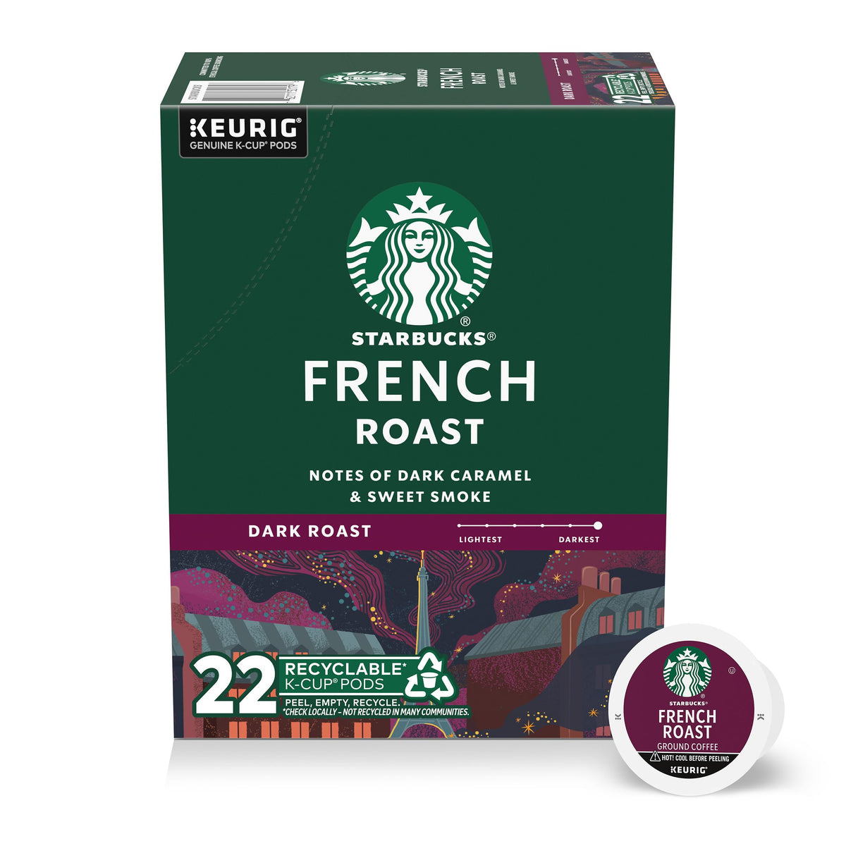 Starbucks French Roast K-Cup pods in box, bold aroma ready at home.