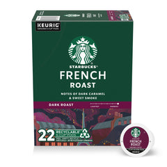 Starbucks French Roast K-Cup pods in box, bold aroma ready at home.