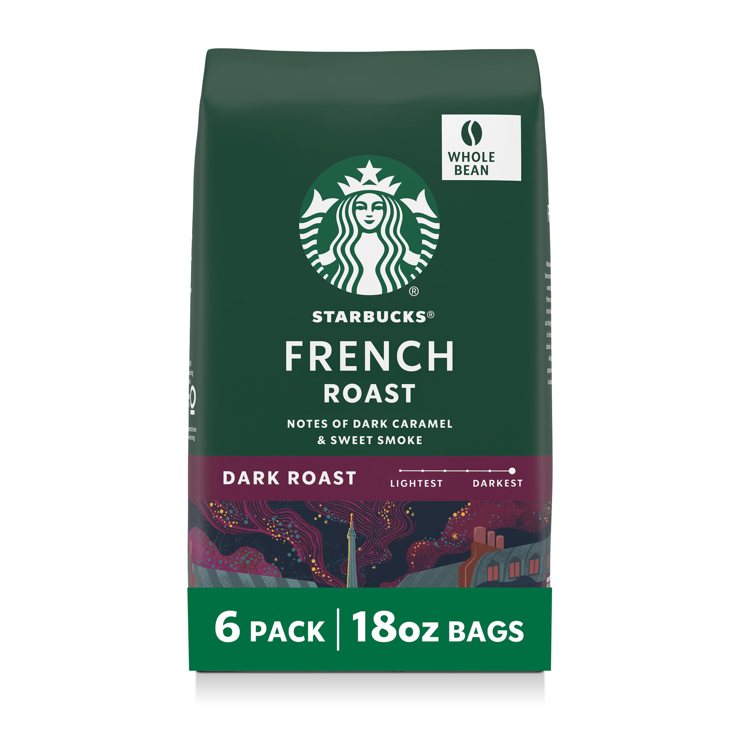 Starbucks French Roast whole bean bags displayed for bold at-home coffee