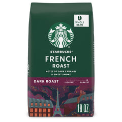 Starbucks French Roast whole beans close-up, rich aroma ready for home grinding.