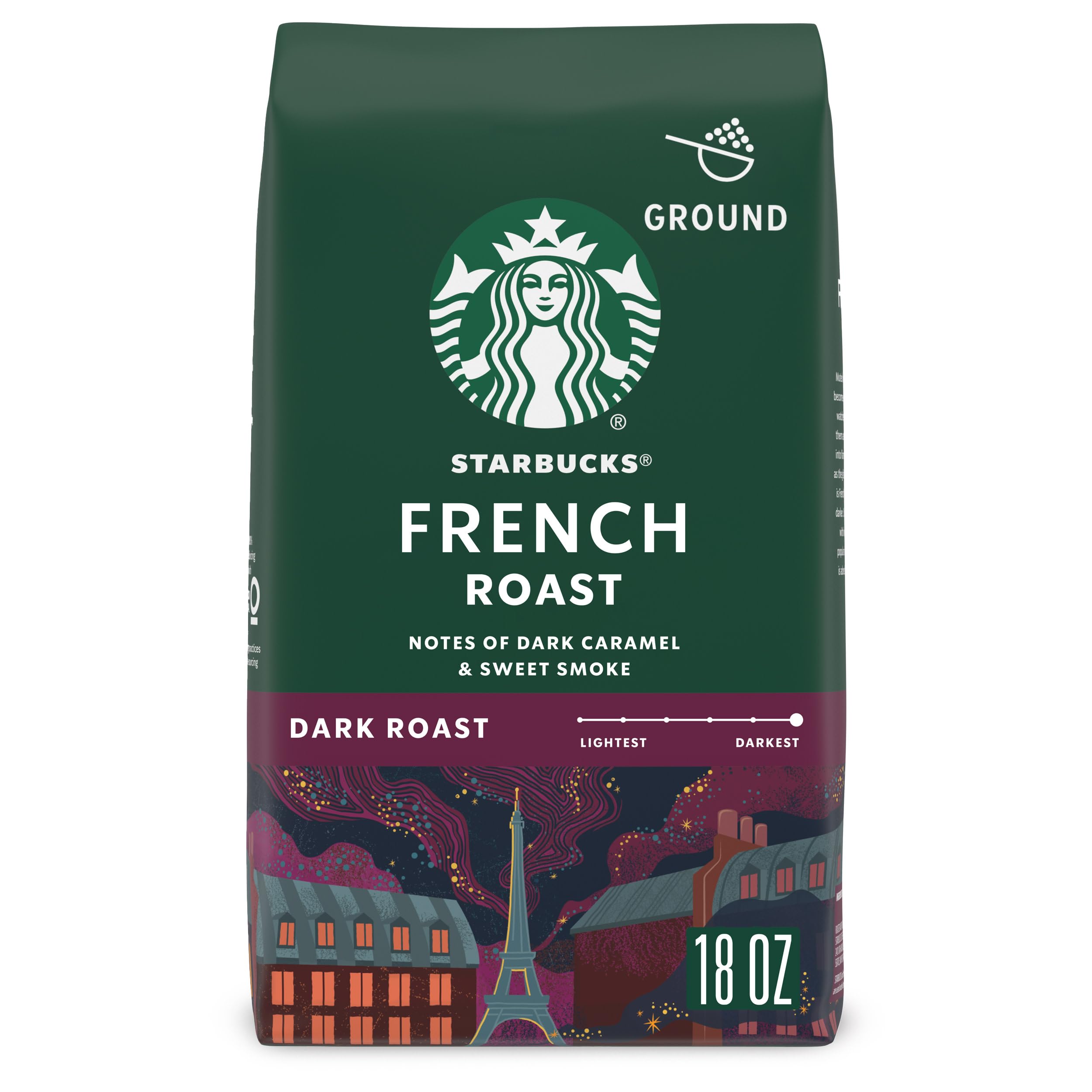 Starbucks ground coffee 18-ounce bag ready for home brewing.