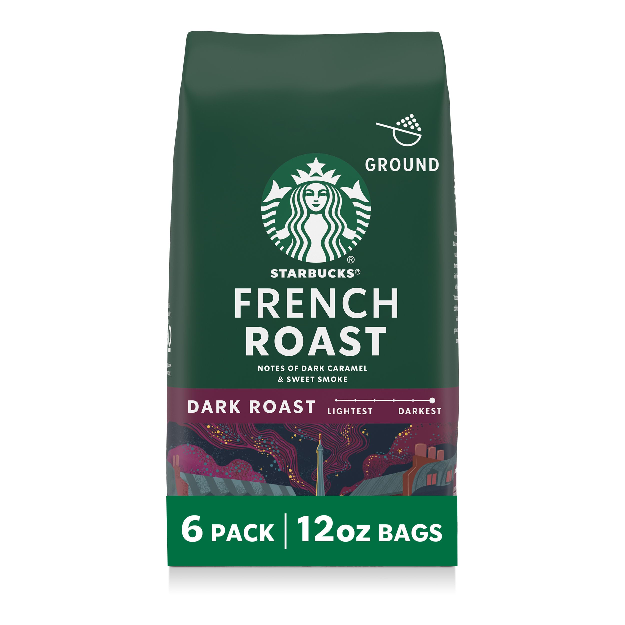 Starbucks ground dark roast coffee six-pack ready for home brewing