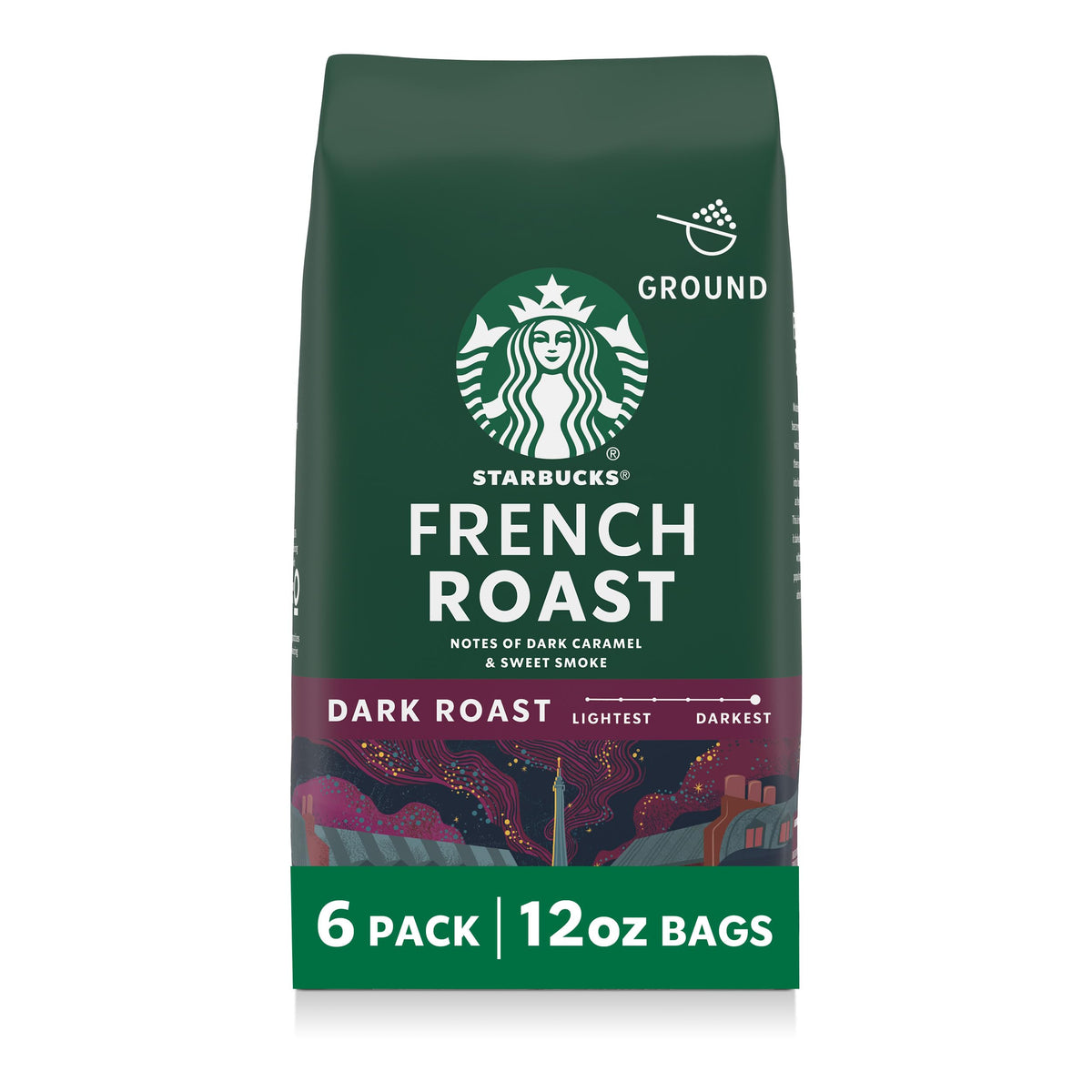 Starbucks ground dark roast coffee six-pack ready for home brewing