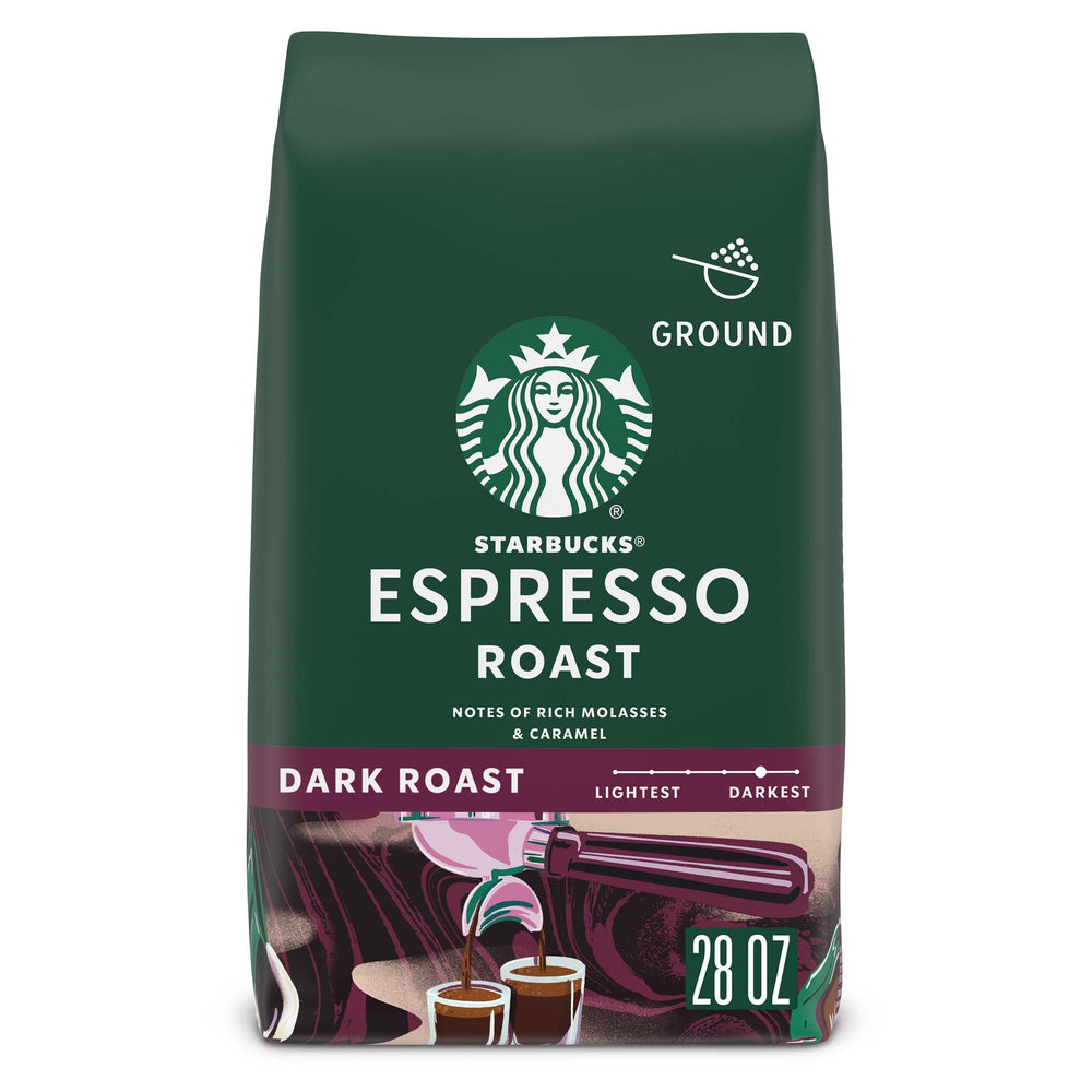 Starbucks Espresso Roast ground coffee pack, ideal for home espresso.