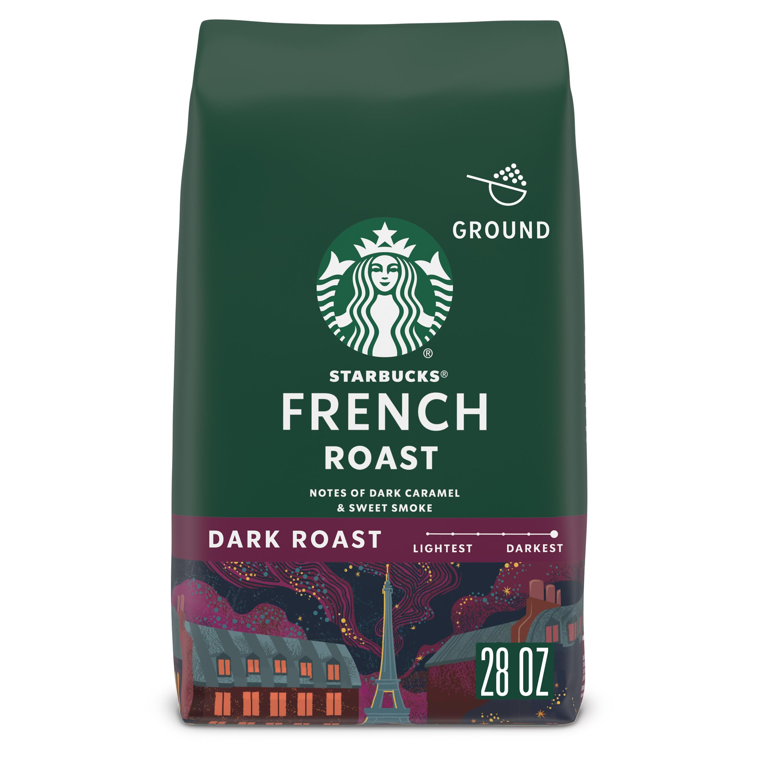 Starbucks French Roast ground coffee bag front view showing bold, smoky flavor