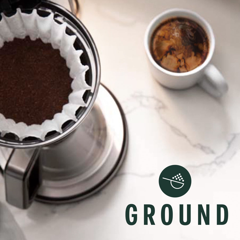 Ground coffee in a 12-ounce bag ready for drip, pour-over, or moka pot.