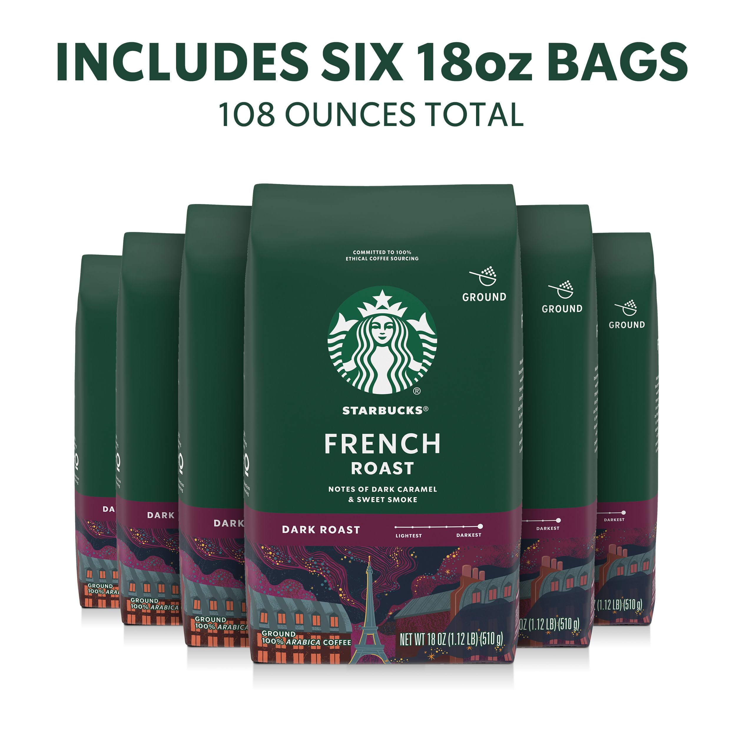 Starbucks ground coffee six 18-ounce bags ready for versatile hot or iced coffee