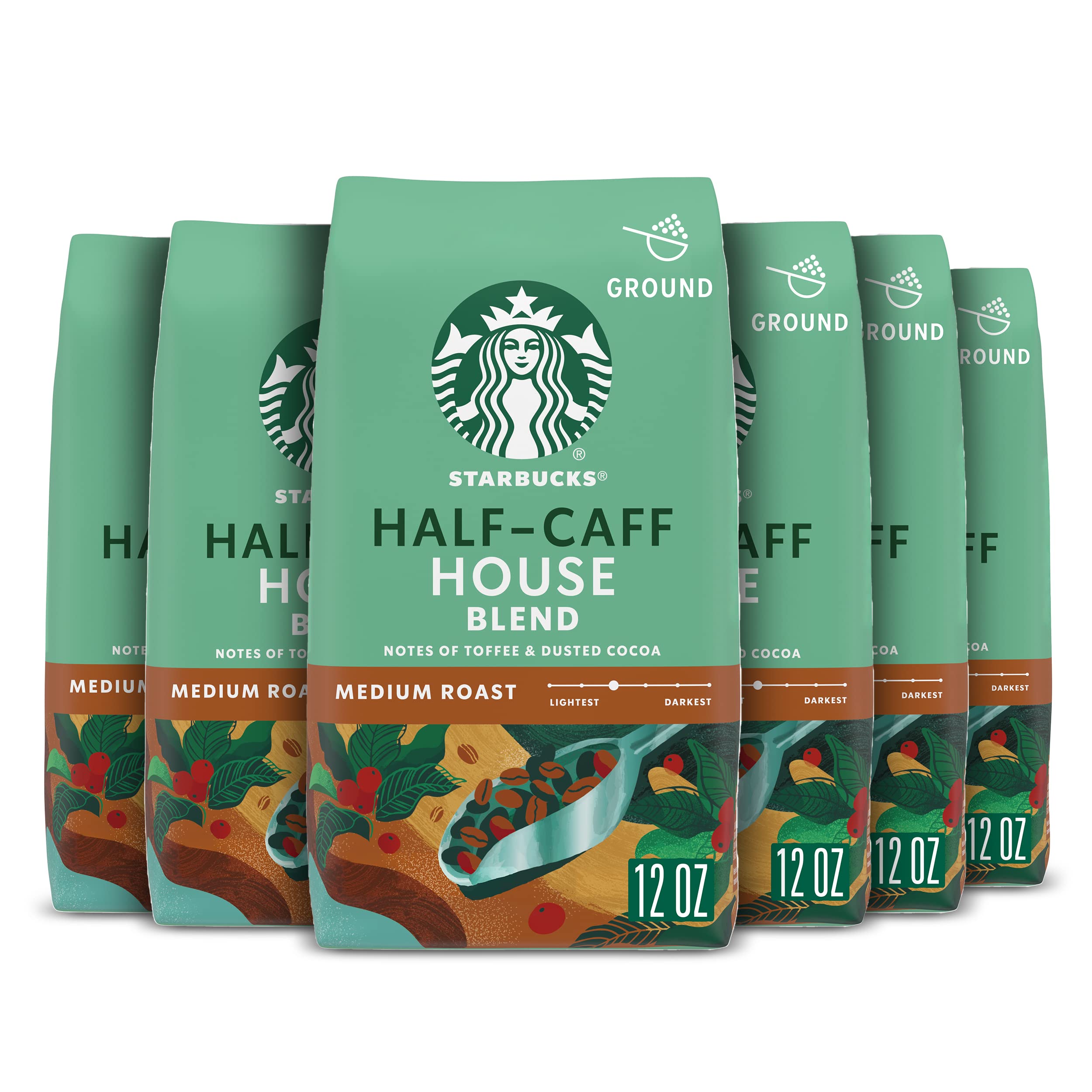 Starbucks Half-Caff House Blend six-bag packaging for convenient home use.
