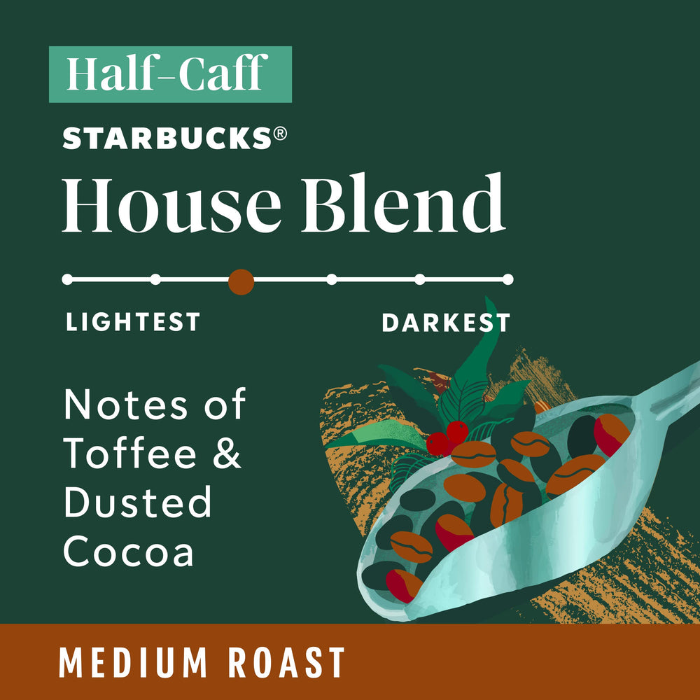 Roasted dark chestnut Starbucks Half-Caff beans with toffee and cocoa notes.