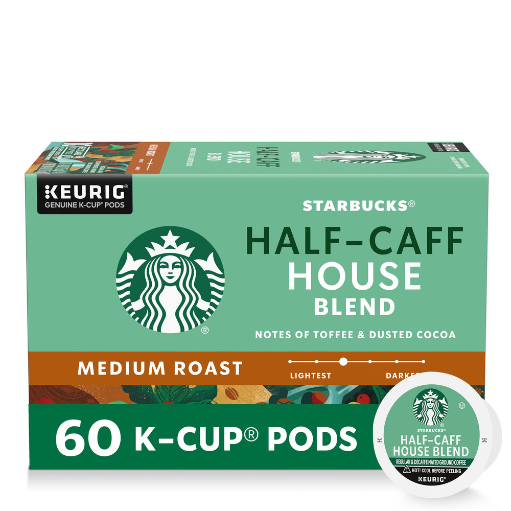 Starbucks Half-Caff House Blend box front showing convenient K-Cup packaging for home use.
