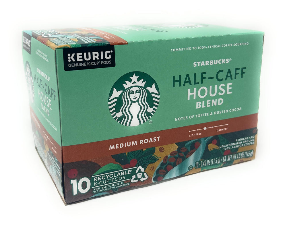 Starbucks Half-Caff House Blend cup presentation highlighting toffee and cocoa notes