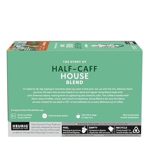 Starbucks Half-Caff K-Cup box indicates compatibility with Keurig machines.