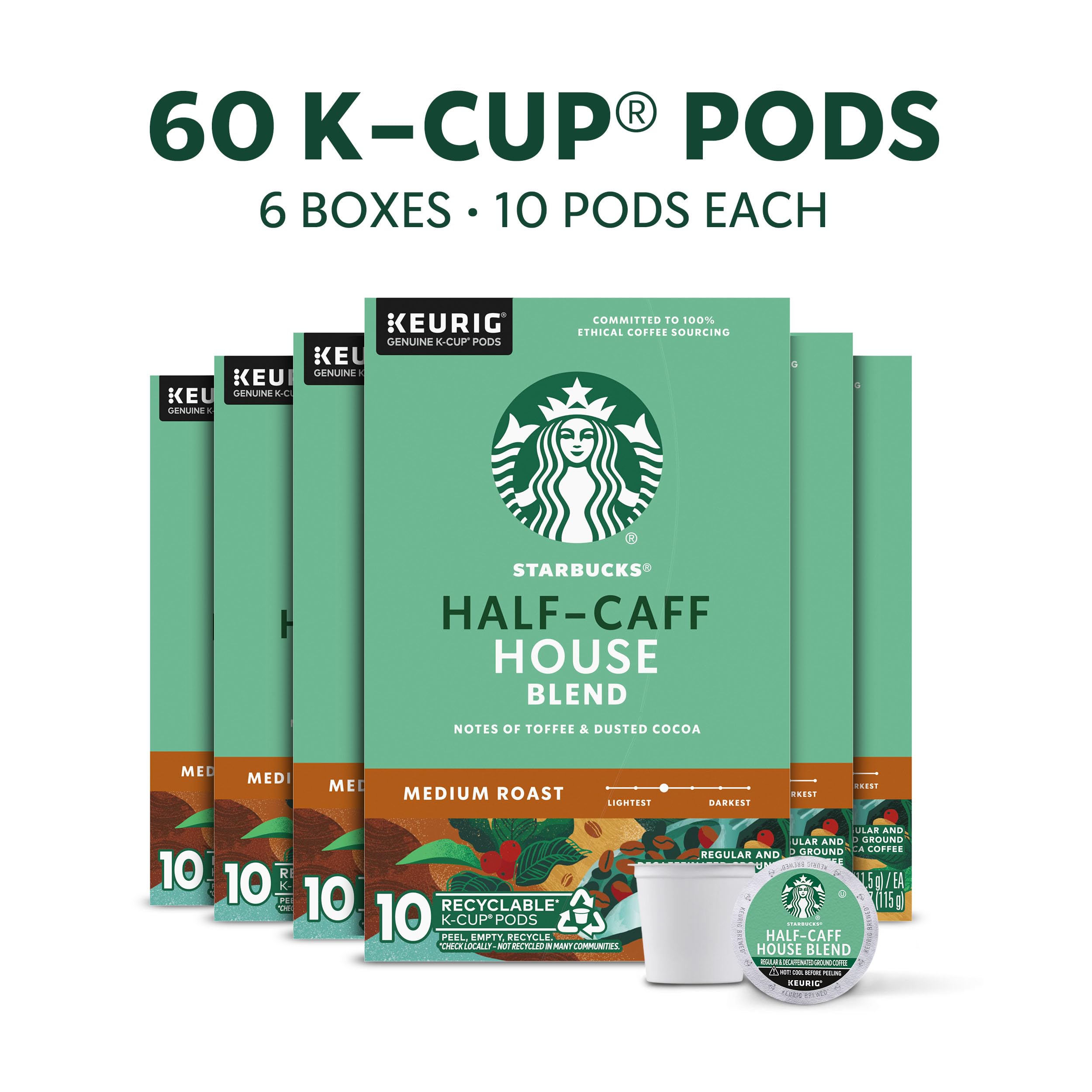 Starbucks Half-Caff pods closeup highlighting balanced flavor and aroma.