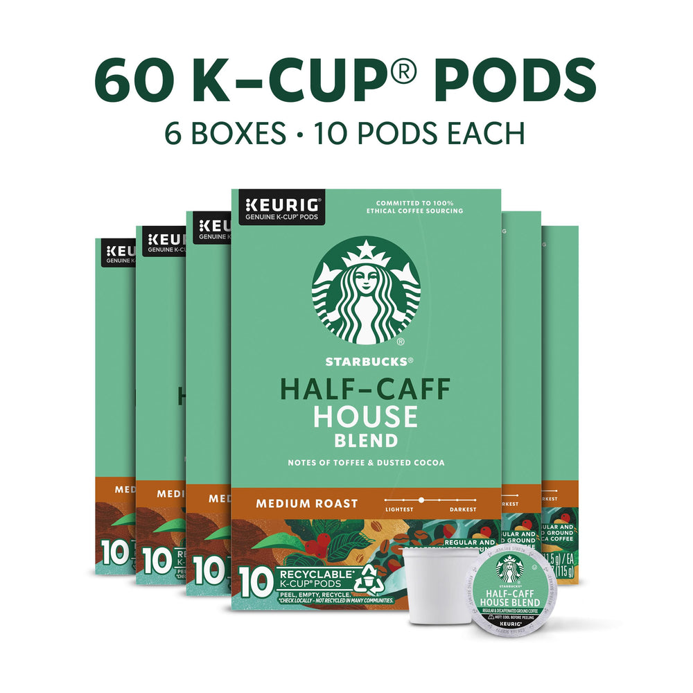 Starbucks Half-Caff pods closeup highlighting balanced flavor and aroma.