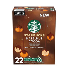 Starbucks hazelnut cocoa flavored coffee pods in a 22-count box for Keurig brewers—quick single-serve mornings.