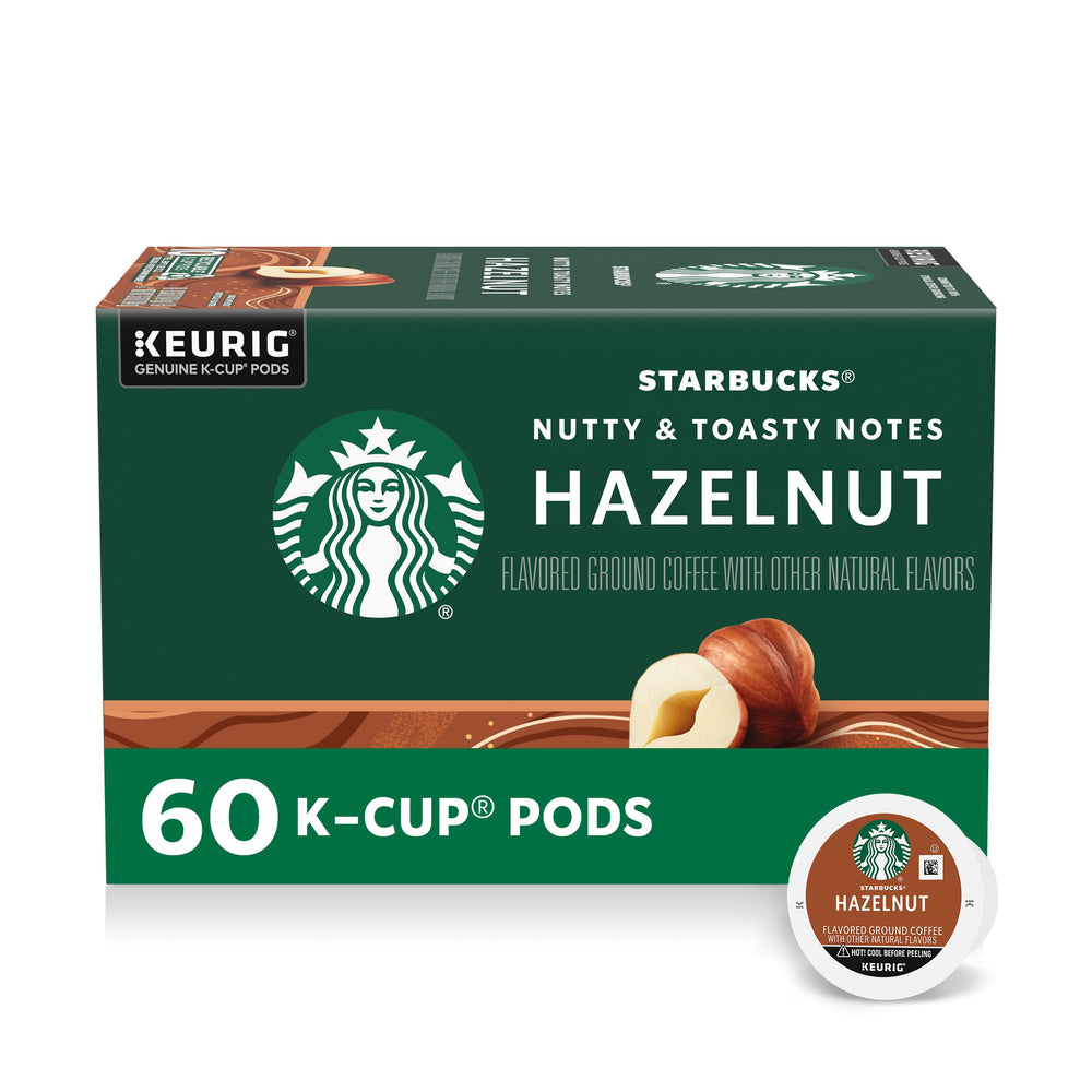 Starbucks Hazelnut K-Cup pod shown for hot or iced coffee with cozy aroma.