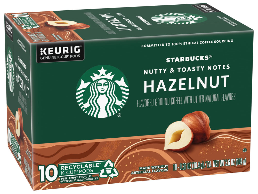 Starbucks hazelnut K-Cup pods brewing in a mug to reveal a fragrant cup