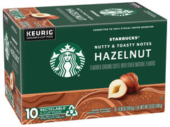 Starbucks hazelnut K-Cup pods brewing in a mug to reveal a fragrant cup