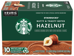 Starbucks hazelnut K-Cup pods packaging showing the two-box set for home or office