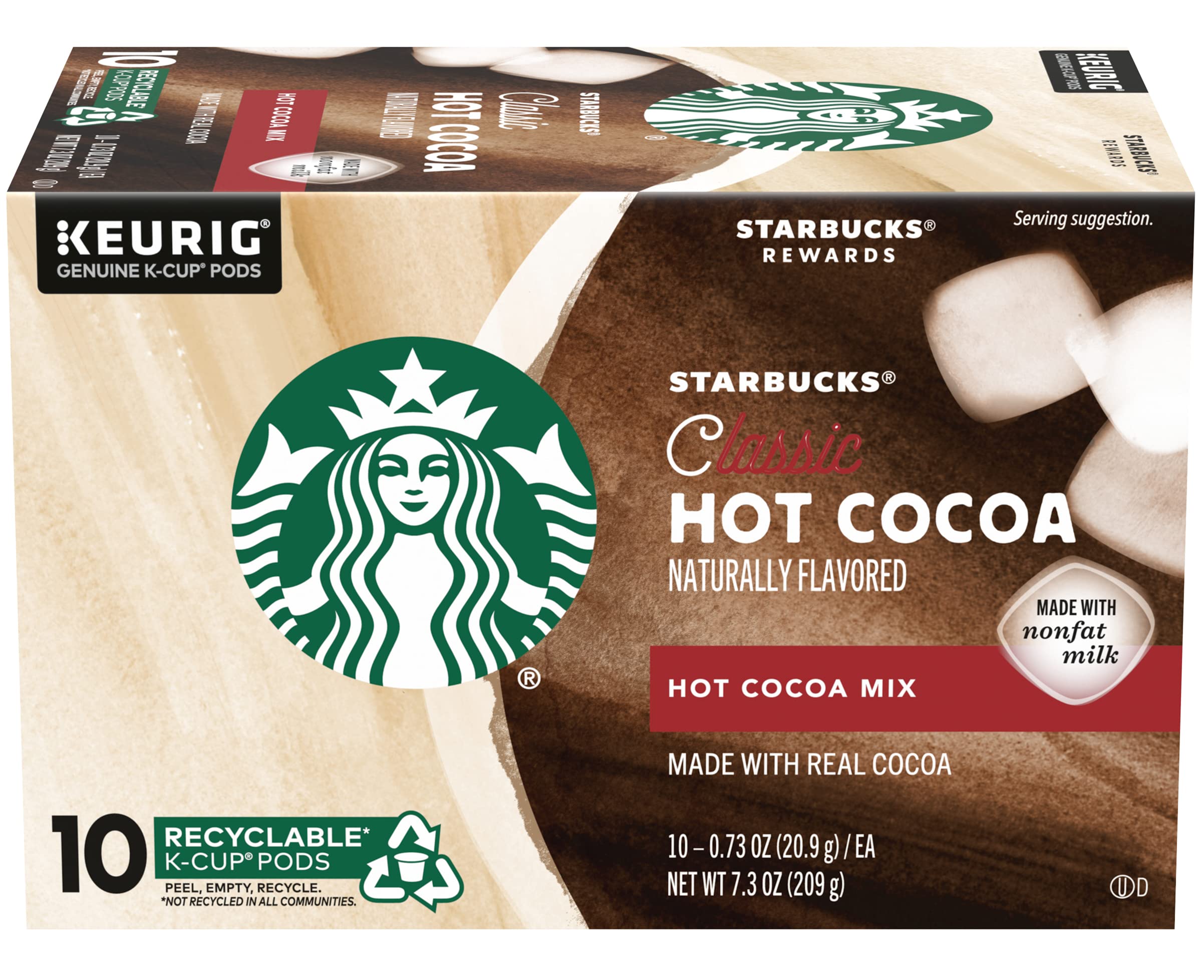 Steaming mug of Starbucks hot cocoa, creamy texture and comforting aroma.