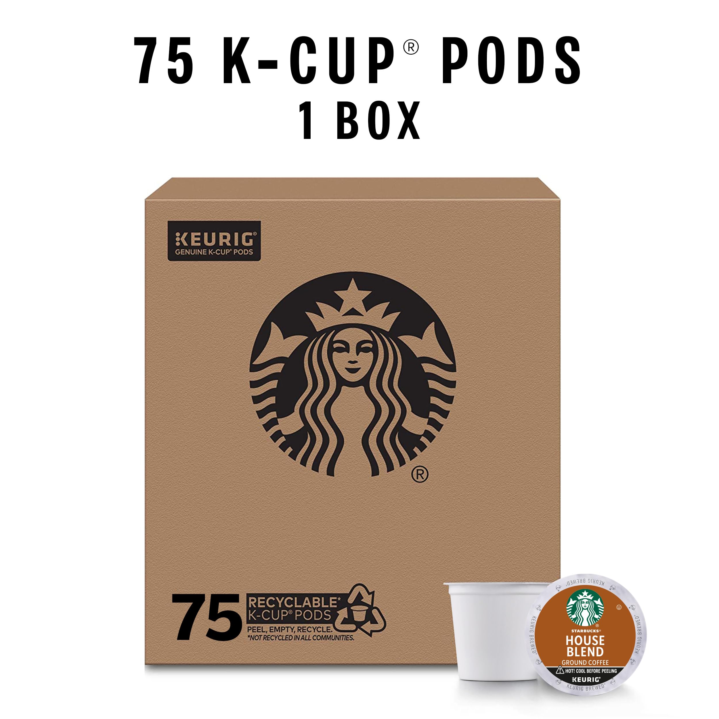 Starbucks House Blend 75-count box keeps coffee ready daily.