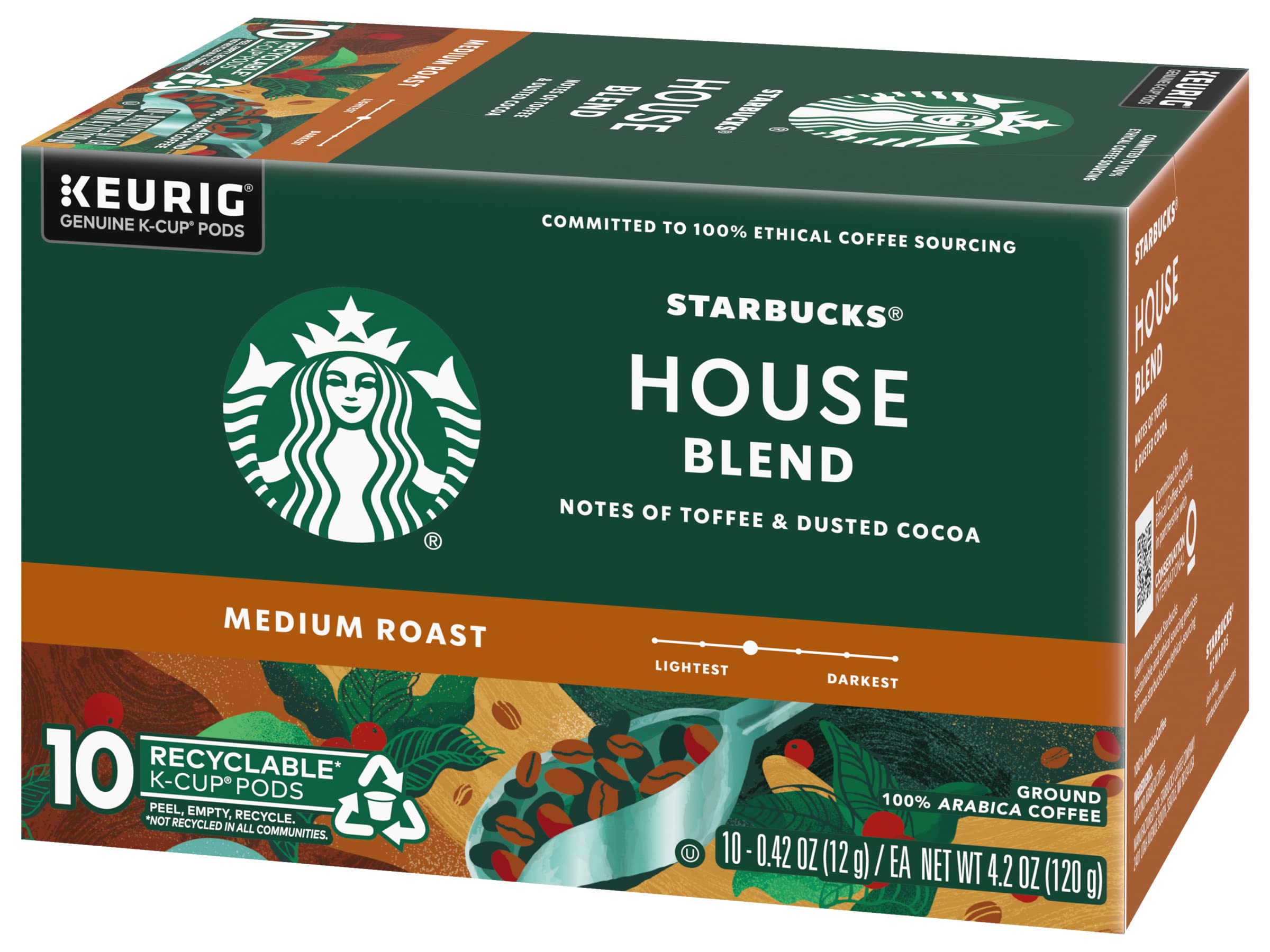 Starbucks House Blend cup with steam suggesting inviting cocoa-toffee notes.
