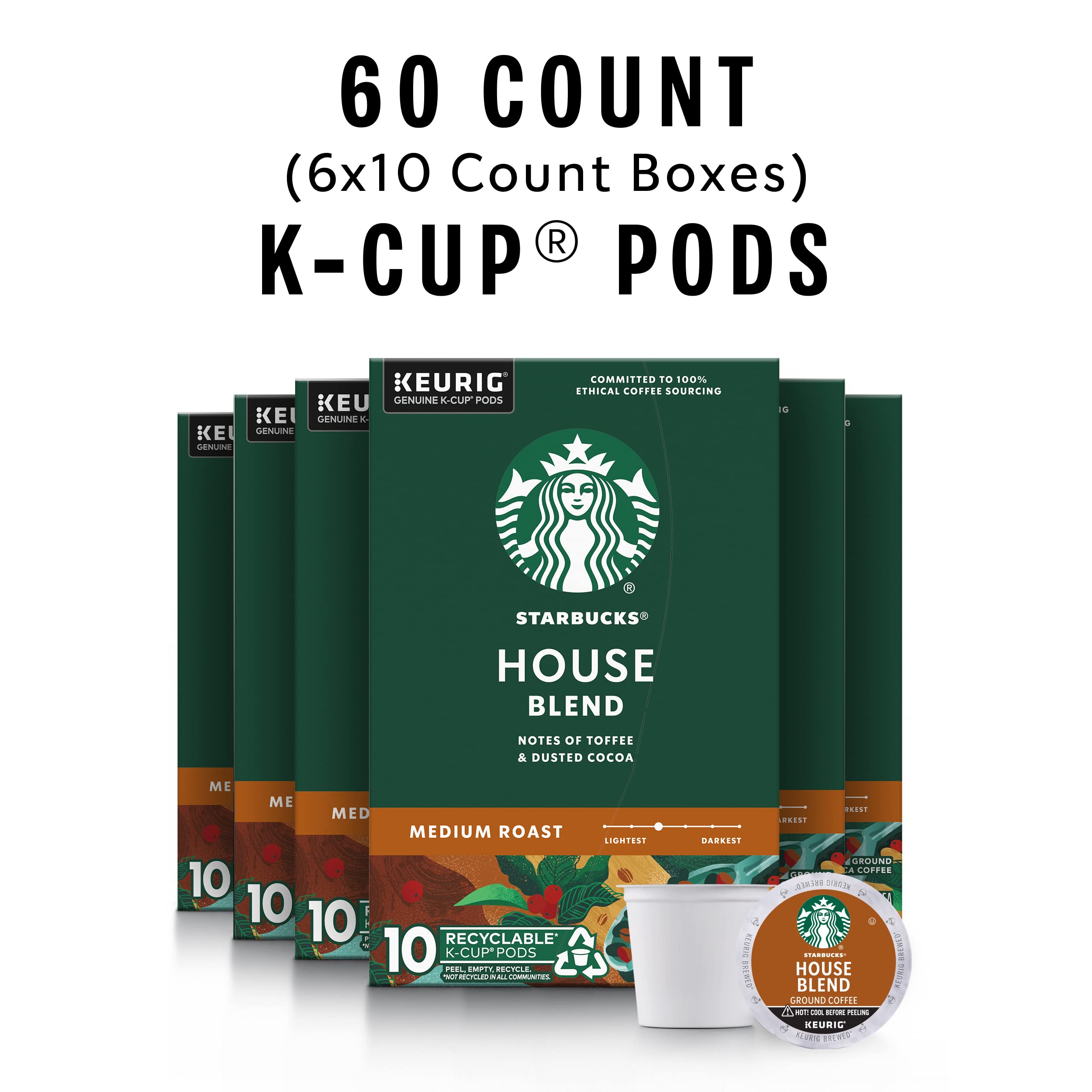 Close-up of Starbucks House Blend K-Cup pods for daily Keurig use.