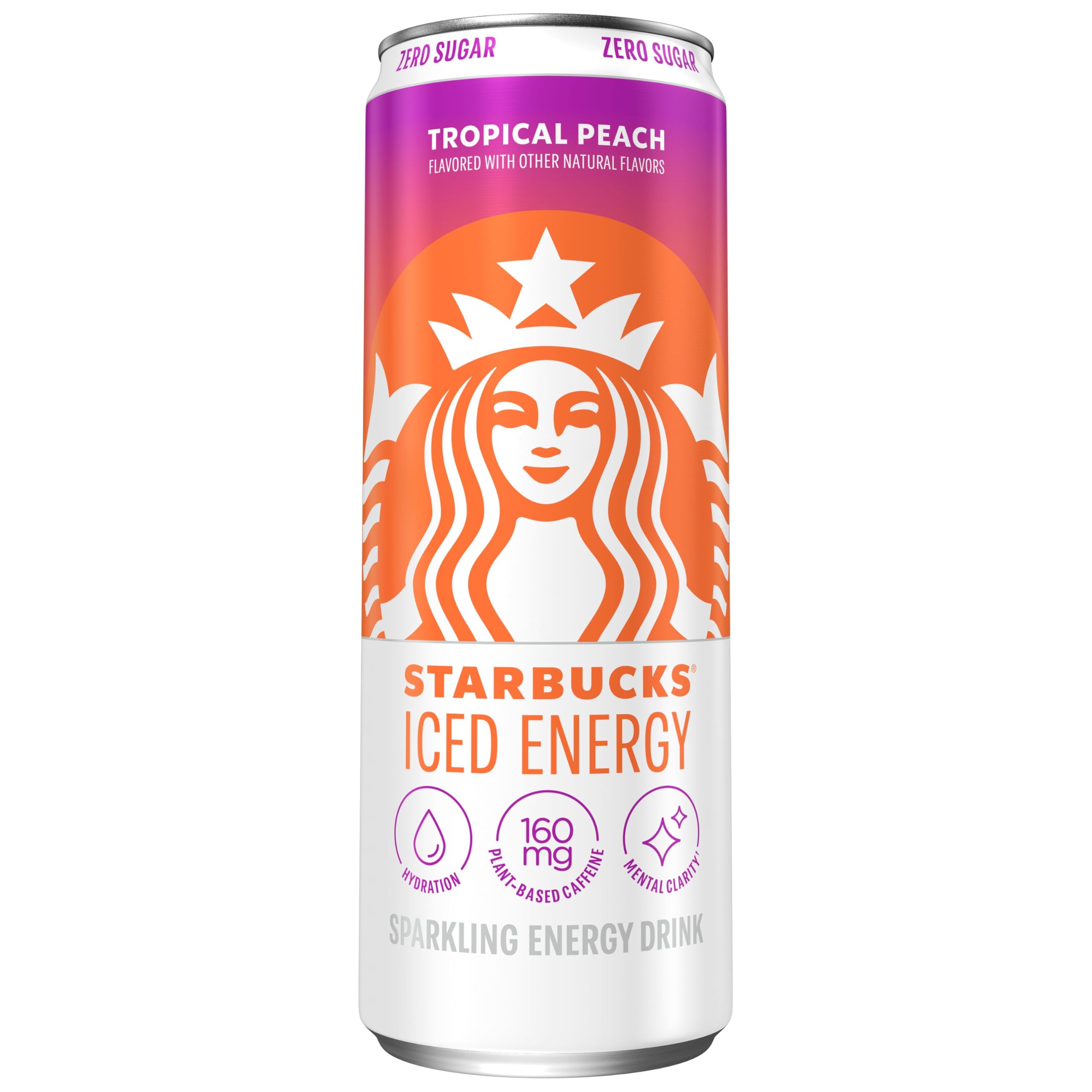 Starbucks Iced Energy Tropical Peach can in front view, refreshing flavor ready for a quick boost.