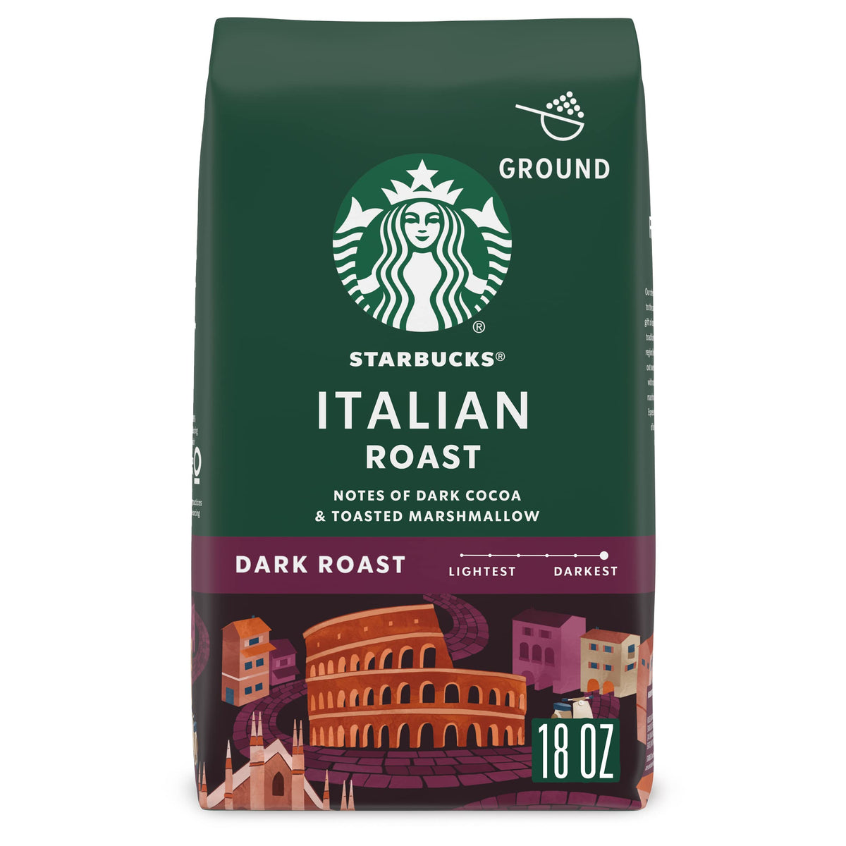 Starbucks Italian Roast ground coffee pack shot highlights bold aroma for everyday espresso