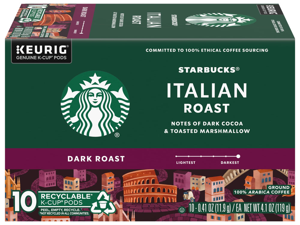 Starbucks Italian Roast K-Cup pods packaging close-up showcasing premium Arabica beans.
