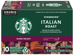 Starbucks Italian Roast K-Cup pods packaging close-up showcasing premium Arabica beans.