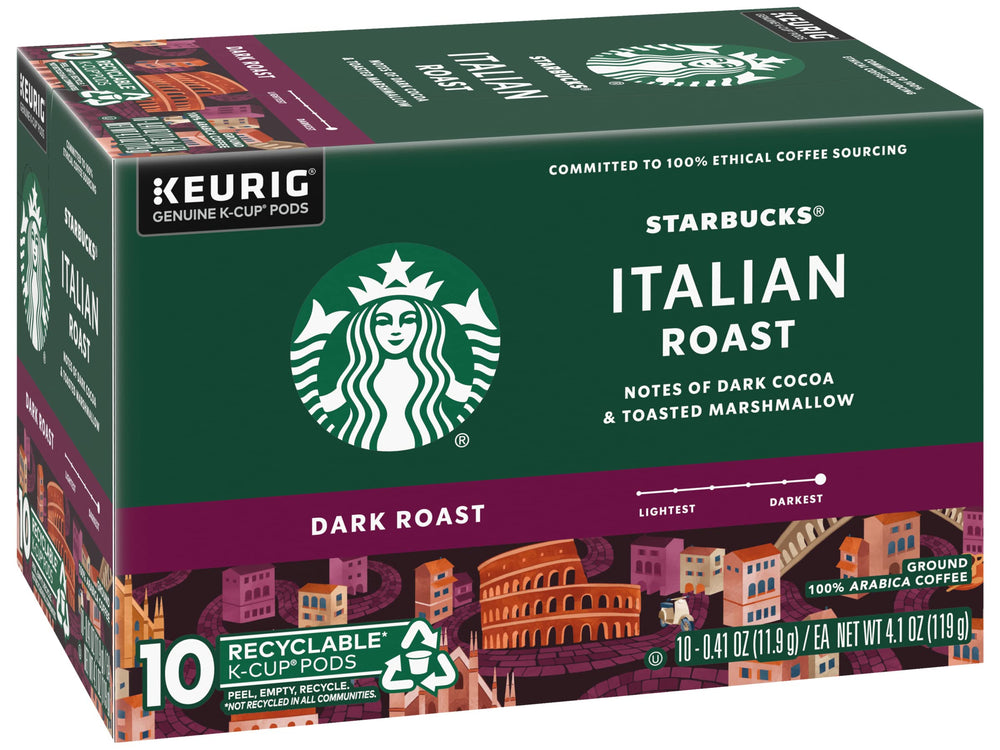 Starbucks K-Cup pods box with steaming mug for quick, rich brew.