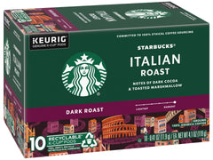 Starbucks K-Cup pods box with steaming mug for quick, rich brew.