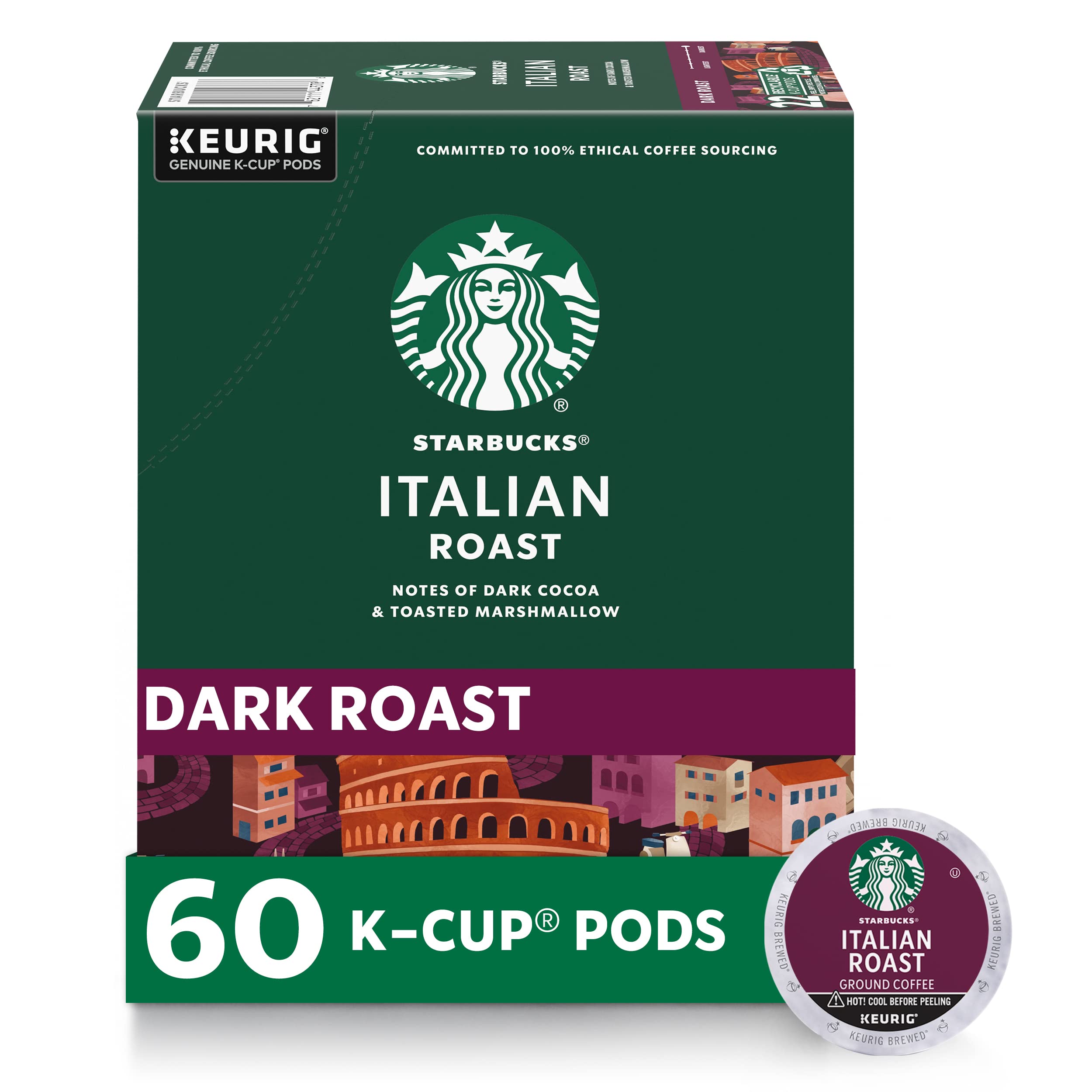 Starbucks Italian Roast K-Cup pods for Keurig brewers with bold chocolate notes.