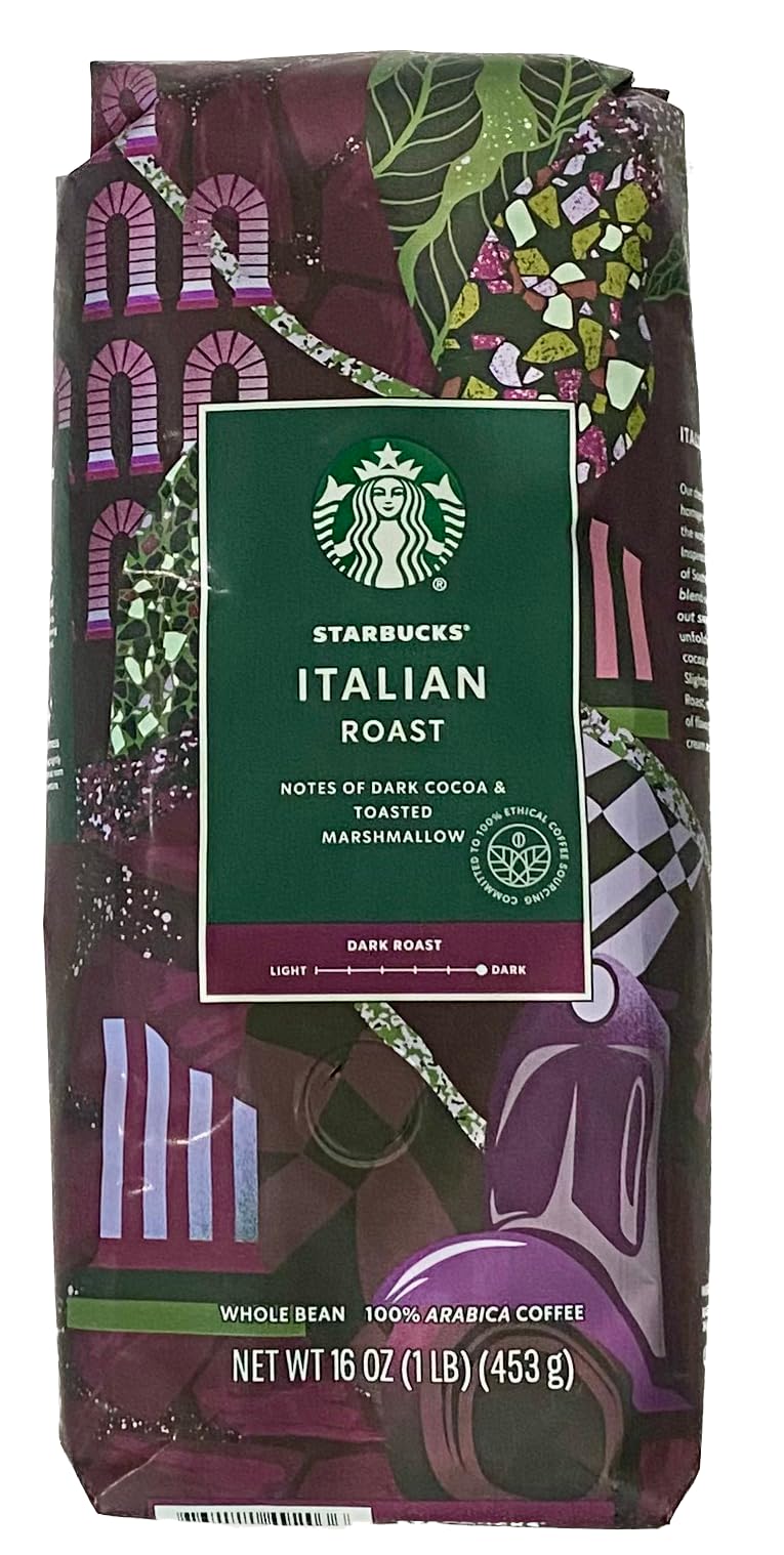 Starbucks Italian Roast whole bean offers bold aroma and rich flavor for a robust morning.