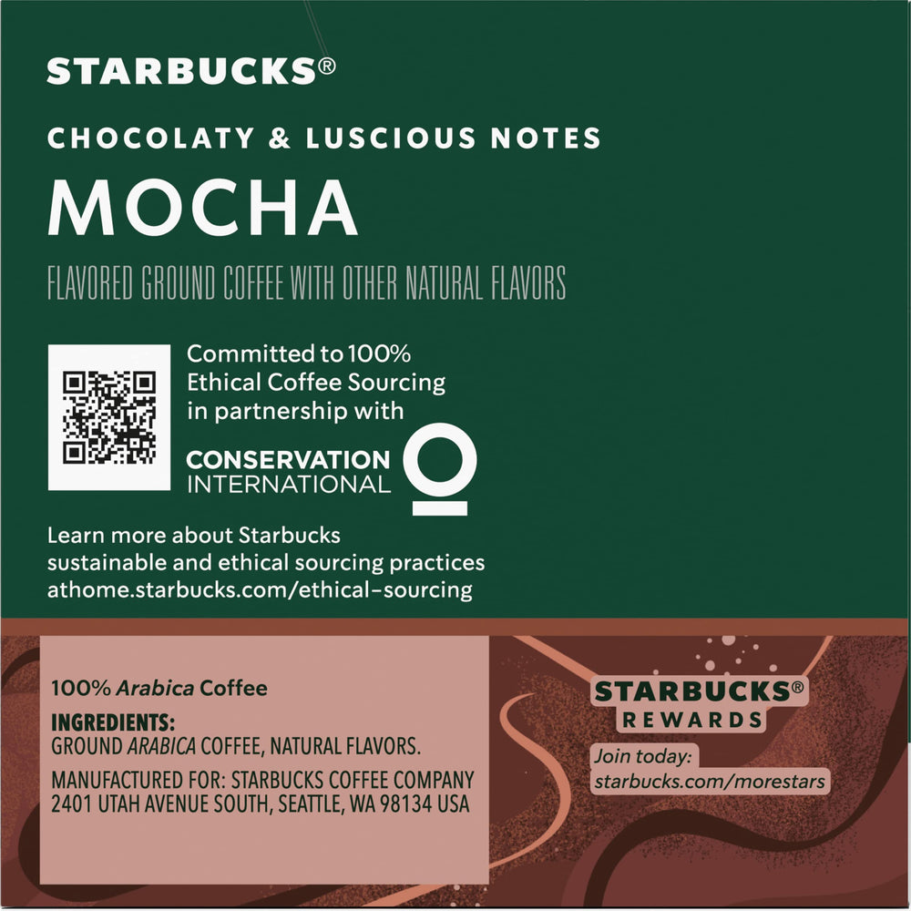 Starbucks K-Cup Mocha packaging detail, emphasizes freshness and storage.
