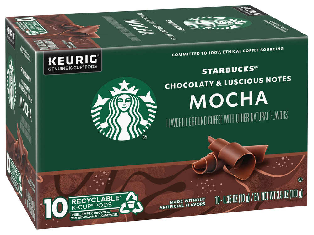Starbucks K-Cup Mocha pod close-up, rich cocoa aroma.
