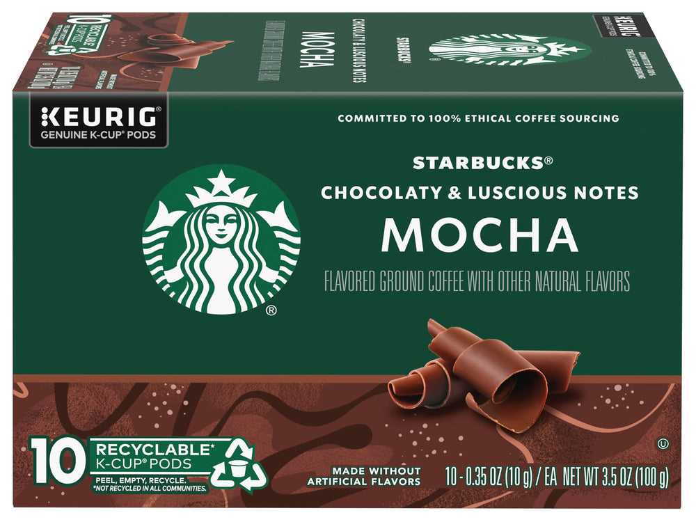 Starbucks K-Cup Mocha pods in tray, ready for fast brewing.