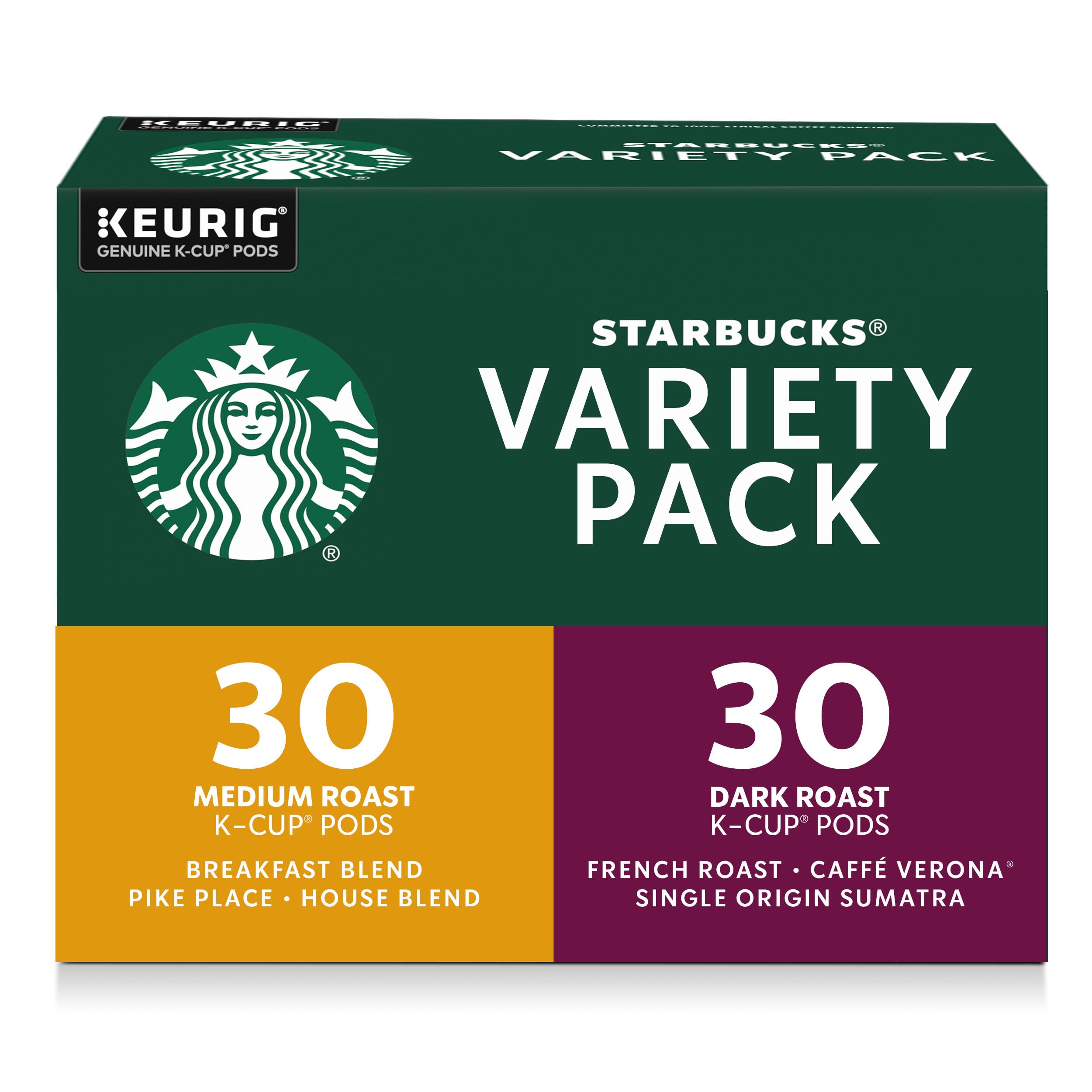 Starbucks K-Cup variety pack front view, convenient home coffee option for busy mornings.