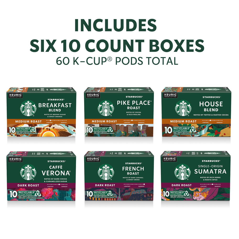 Starbucks K-Cup variety pack top view, neatly organized pods for quick brewing.