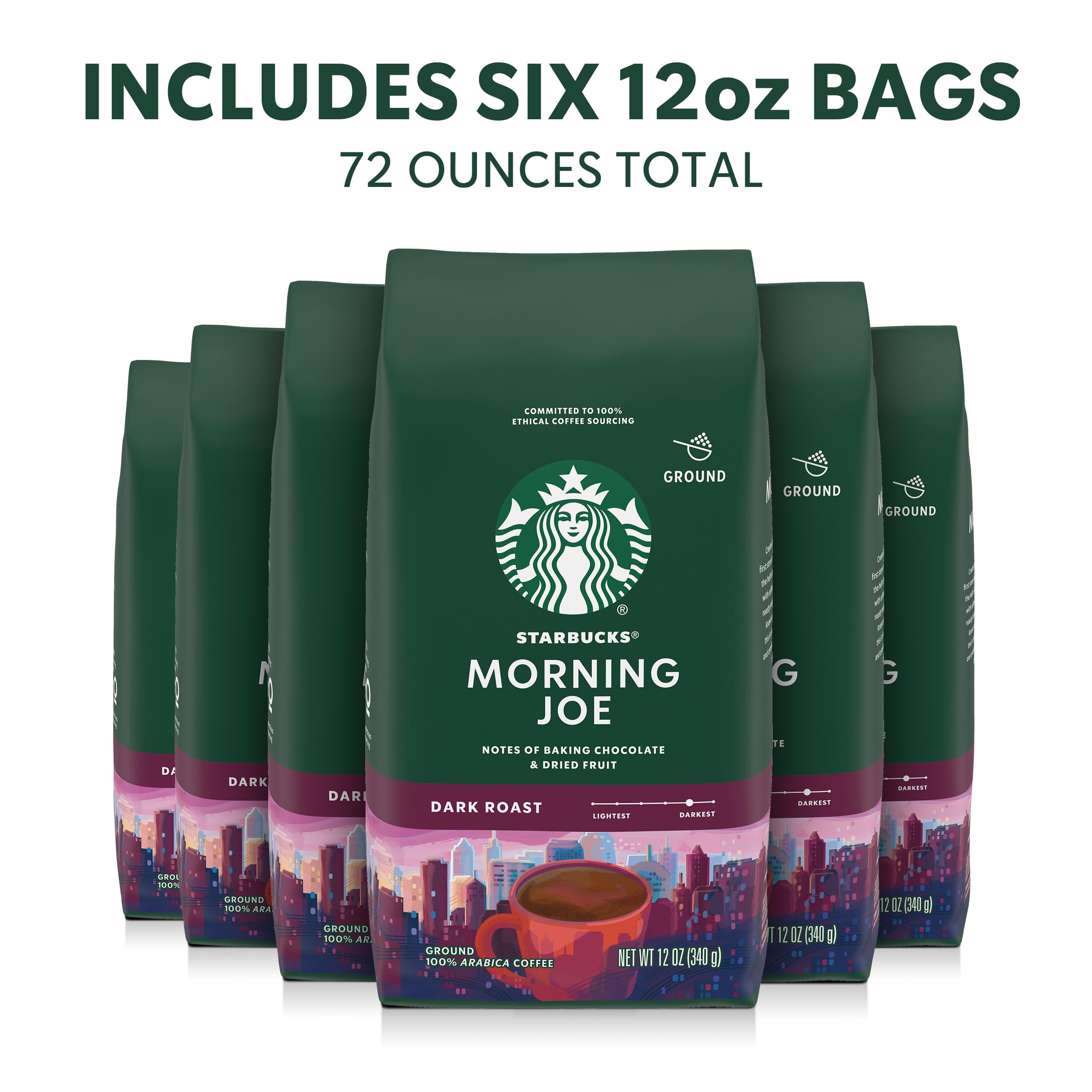 Starbucks Morning Joe dark roast ground coffee bag closeup aroma highlighting rich notes