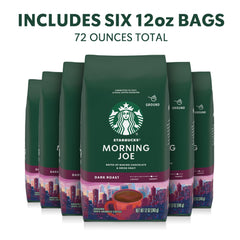 Starbucks Morning Joe dark roast ground coffee bag closeup aroma highlighting rich notes