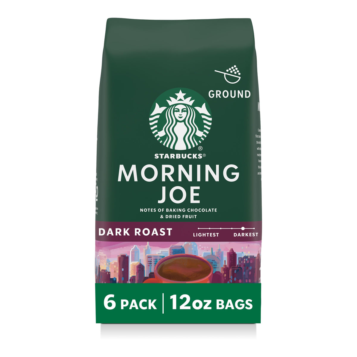 Starbucks Morning Joe dark roast ground coffee bags front view, bold flavor ready for brewing
