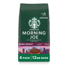 Starbucks Morning Joe dark roast ground coffee bags front view, bold flavor ready for brewing