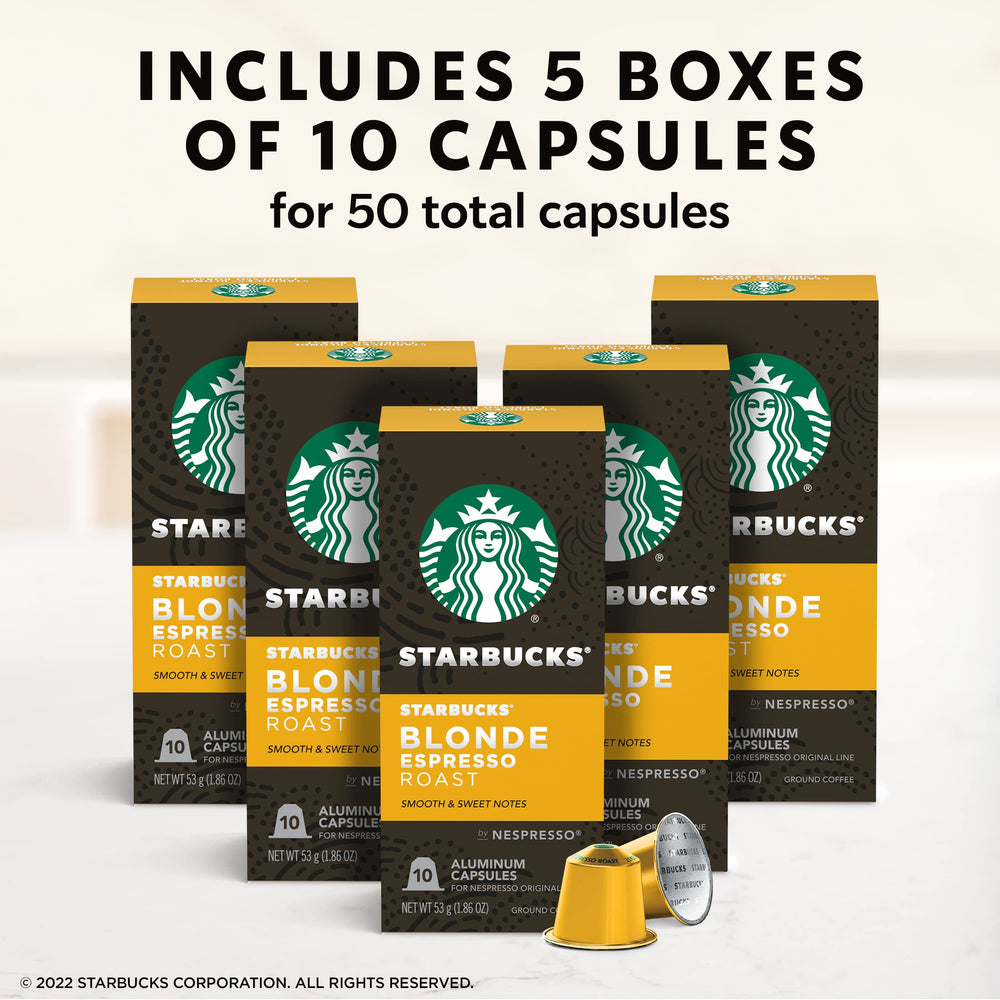 Close-up of Starbucks by Nespresso Blonde capsules on a kitchen counter.