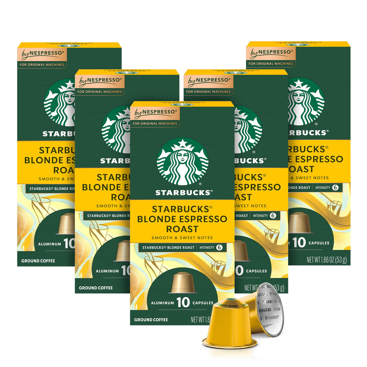 Starbucks by Nespresso Blonde capsules pack for at-home espresso.