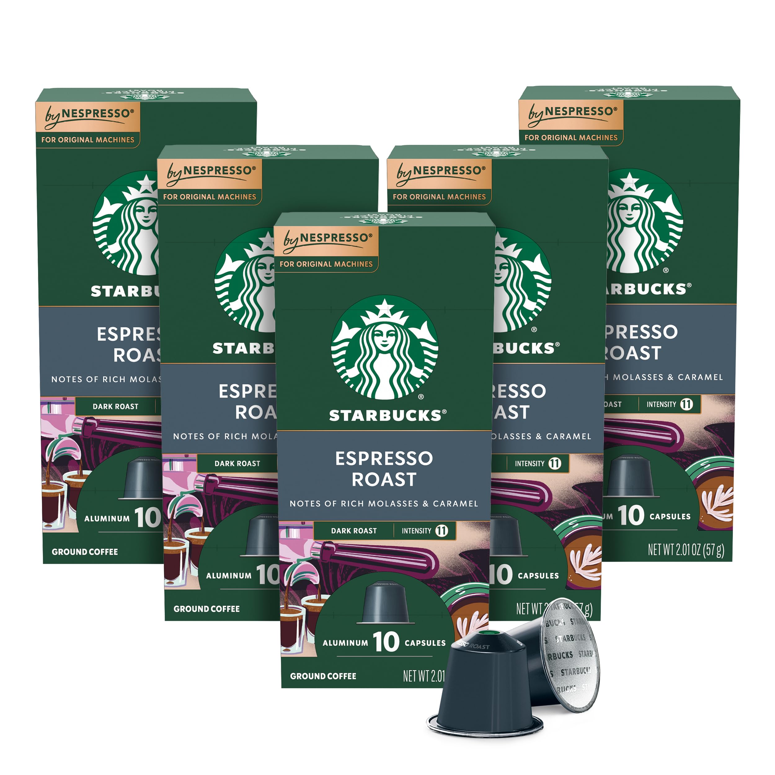 Starbucks by Nespresso dark roast pods for bold home espresso flavor.